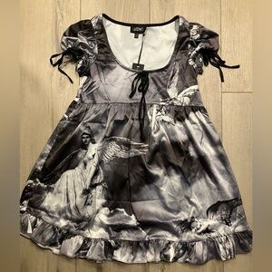Dollskill Widow Satin Goth Black and White Angel Print Baby Doll Dress